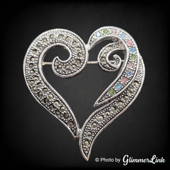 Openwork Heart Scroll Faux Marcasite Multicolor Rhinestone Silver Tone Brooch - Picture 1 of 8
